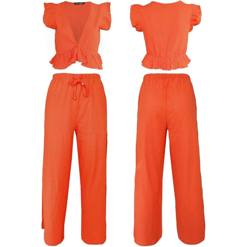 Women’s 2-Piece Set – Deep V Crop Top & Wide-Leg Pants (Size Large) – Orange